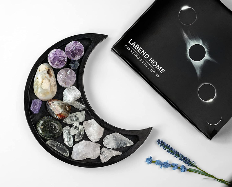 Moon Tray Crystal Holder Display - Black Wooden Crystal Tray for Stones, Healing Crystals Storage and Organizer - Crescent Gothic Witchy Coffin Spiritual Decor - Essential Oil Holder - Jewelry Dish Home & Garden > Decor > Decorative Trays LABEND HOME   