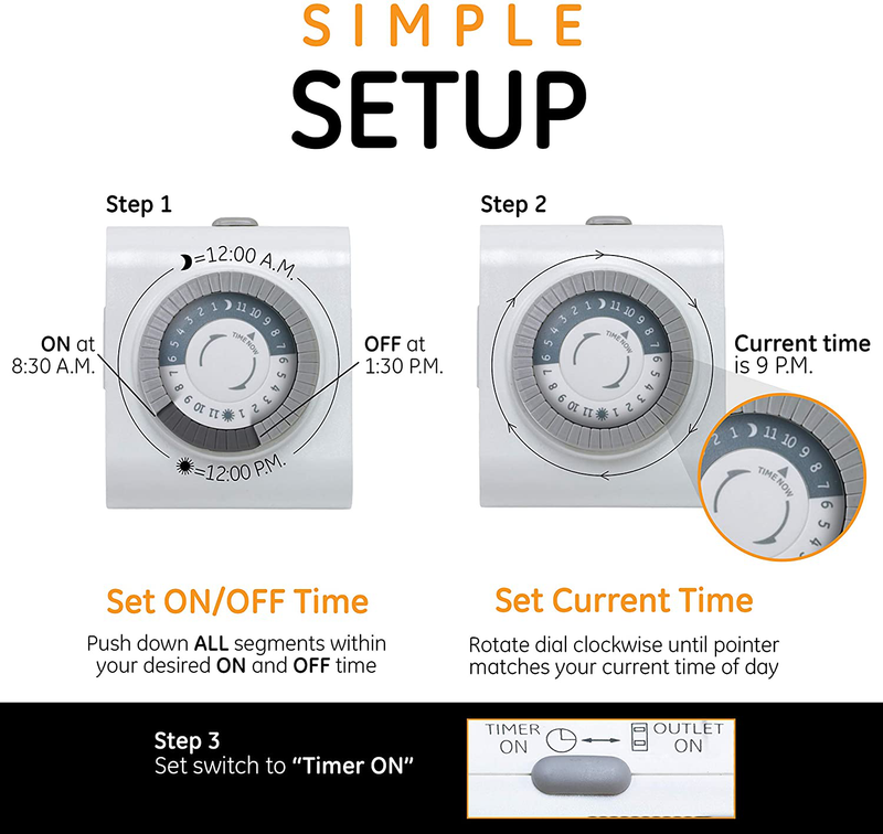 GE 24-Hour Heavy Duty Indoor Plug-in Mechanical Timer 2 Pack, 30 Minute Intervals, Daily On/Off Cycle, for Lamps, Seasonal Lighting, Holiday Decorations, 46211, Grounded 2-Outlet | Gray/White, 2 Count