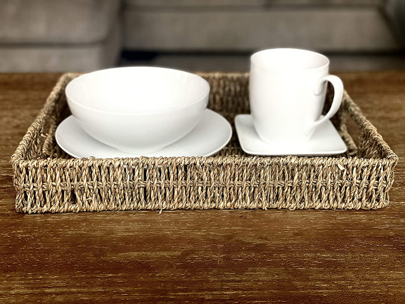 DIDDY LU - Handmade Woven Serving Tray - Set of 3 - Rectangle - Natural Rattan Storage Basket - Rectangle - Ottoman Tray Boho Coffee Table Decor - Decorative Basket - Seagrass (Rectangle) Home & Garden > Decor > Decorative Trays Diddy Lu   