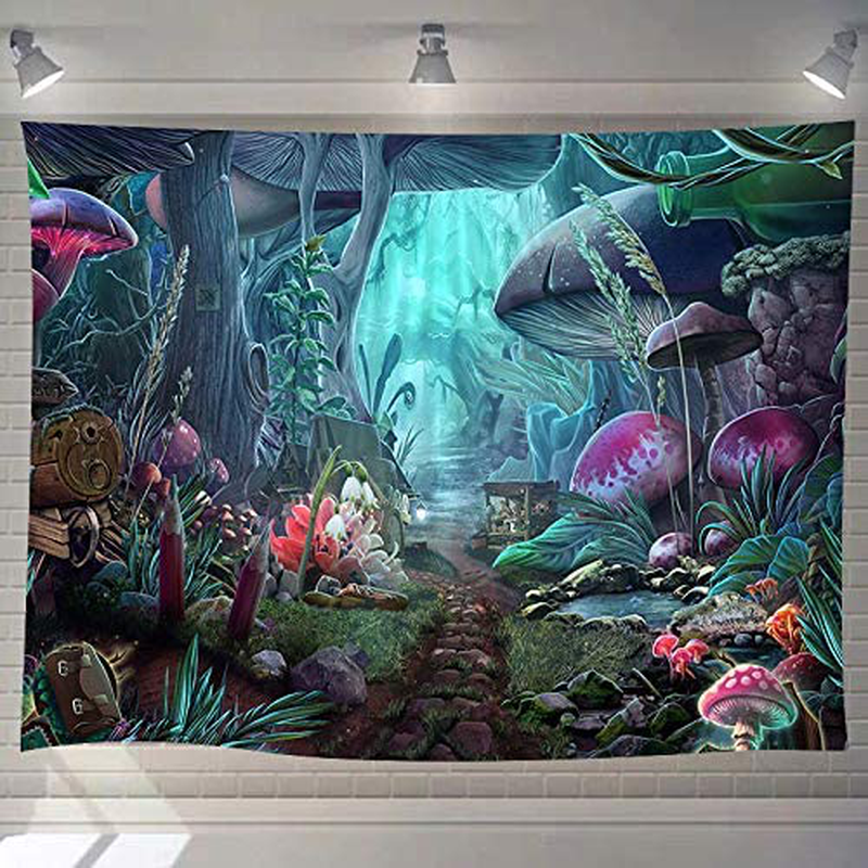 DBLLF Psychedelic Game Mushroom Castle Tapestry Large 80"x 60" Cotton Art Tapestries Fairy Tale Forest Tapestry for Bedroom Living Room Dorm DBLS774 Home & Garden > Decor > Artwork > Decorative TapestriesHome & Garden > Decor > Artwork > Decorative Tapestries DBLLF Green 100Wx90L 