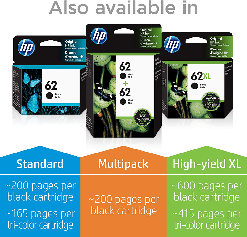 HP 62 | 2 Ink Cartridges | Black, Tri-color | Works with HP ENVY 5500 Series, 5600 Series, 7600 Series, HP OfficeJet 200, 250, 258, 5700 Series, 8040 | C2P04AN, C2P06AN
