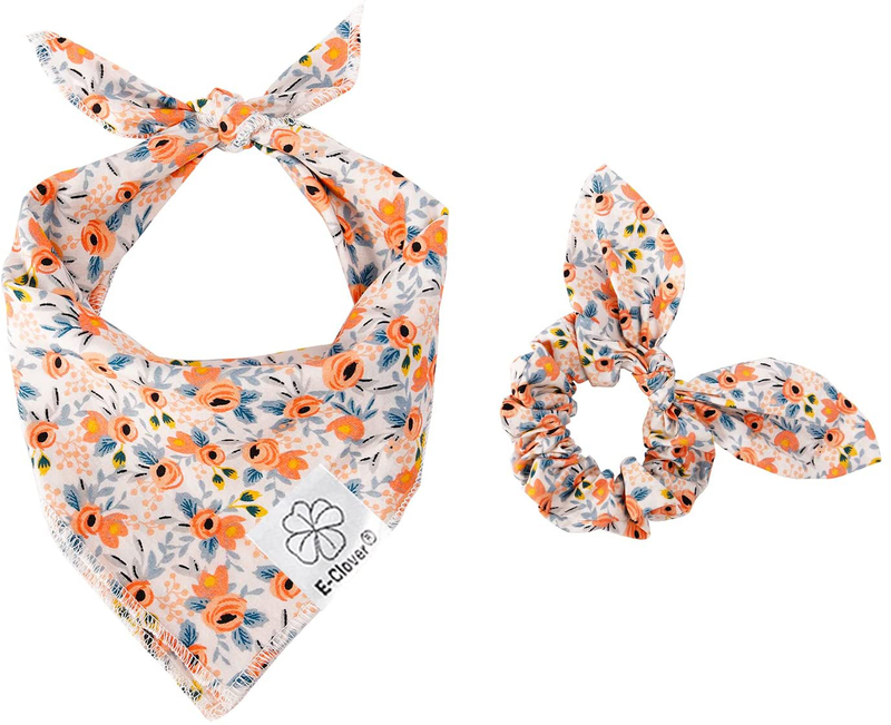 Dog Bandanas & Matching Scrunchie Set Flower Dog Scarf Bibs with Bow Scrunchie for Pet Owner & Small Medium Large Dogs Animals & Pet Supplies > Pet Supplies > Dog Supplies > Dog Apparel E-Clover orange flower Small 