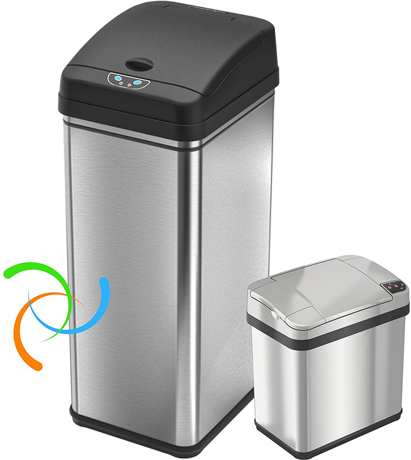 iTouchless 13 Gallon Automatic Trash Can with Odor-Absorbing Filter and Lid Lock, Power by Batteries (not included) or Optional AC Adapter (sold separately), Black/Stainless Steel Home & Garden > Kitchen & Dining > Kitchen Tools & Utensils > Kitchen Knives iTouchless Stainless Steel (Set of 2)  