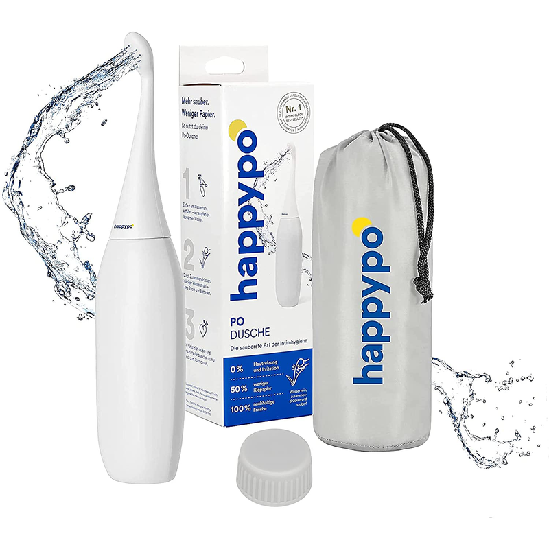 The Original HAPPYPO Butt Shower (Color: White) with Cap L Portable Bidet with Travel Bag L the Easy-Bidet 2.0 Replaces Wet Wipes and Shower Toilet L Portable Bidet for Travel
