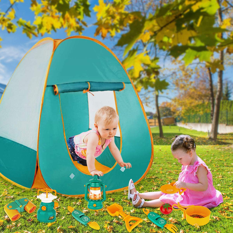 KAQINU 33 PCS Kids Camping Set, Pop up Play Tent with Kids Camping Gear Toys, Indoor and Outdoor Camping Tools Pretend Play Set for Toddler Boys & Girls
