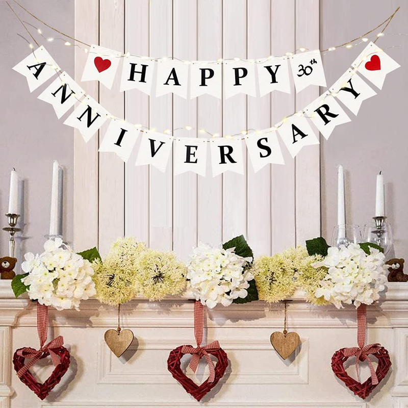 Pinkblume Happy Anniversary Banner Sign Wood Bunting Garland Streamer White and Red Love Heart Balloon and LED String Light for Vintage Rustic Wedding Anniversary Party Decorations Supplies Arts & Entertainment > Party & Celebration > Party Supplies pinkblume   