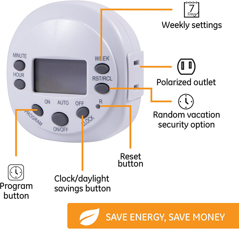 GE 7-Day Programmable Digital Timer, 1 Outlet Polarized, Plug-In Indoor, LED, CFL, Incandescent, Ideal for Lamps, Portable Fans, Seasonal Lighting, Small Appliances, 15154