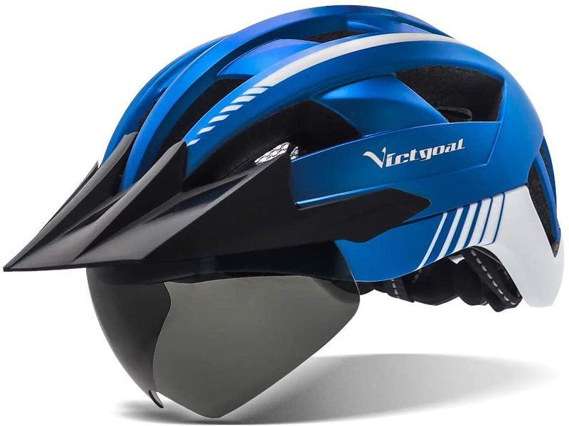 VICTGOAL Bike Helmet with USB Rechargeable Rear Light Detachable Magnetic Goggles Removable Sun Visor Mountain & Road Bicycle Helmets for Men Women Adult Cycling Helmets Sporting Goods > Outdoor Recreation > Cycling > Cycling Apparel & Accessories > Bicycle Helmets VICTGOAL Metal Blue  