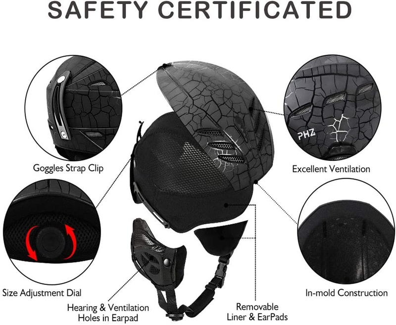PHZ. Ski Helmet Snowboard Helmet for Men Women Performance Safety w/Active Ventilation, Dial Fit, Goggles Compatible, Removable Fleece Liner and Ear Pads Snow Sport Helmets  PHZ.   