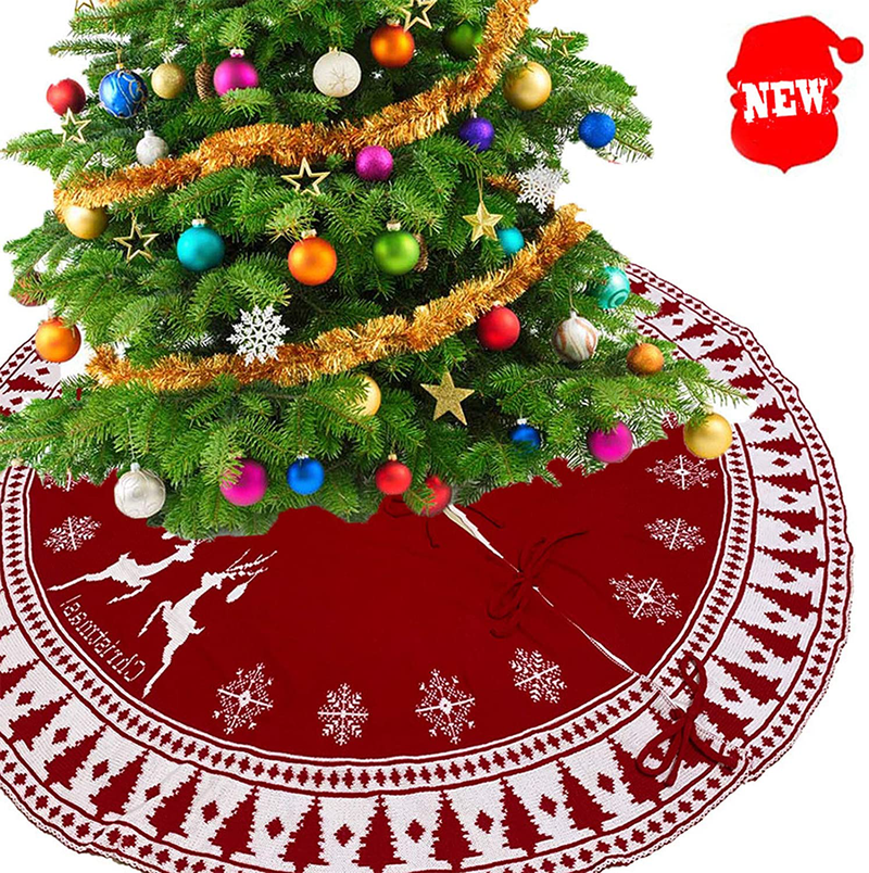 GSHOOTS Christmas Tree Skirt,37 Inch Red White Luxury Knitted Snowflakes/Elk/Cedar Xmas Tree Skirt for Christmas New Year Holiday Home Decorations Indoor Outdoor Ornament Home & Garden > Decor > Seasonal & Holiday Decorations > Christmas Tree Skirts GSHOOTS   