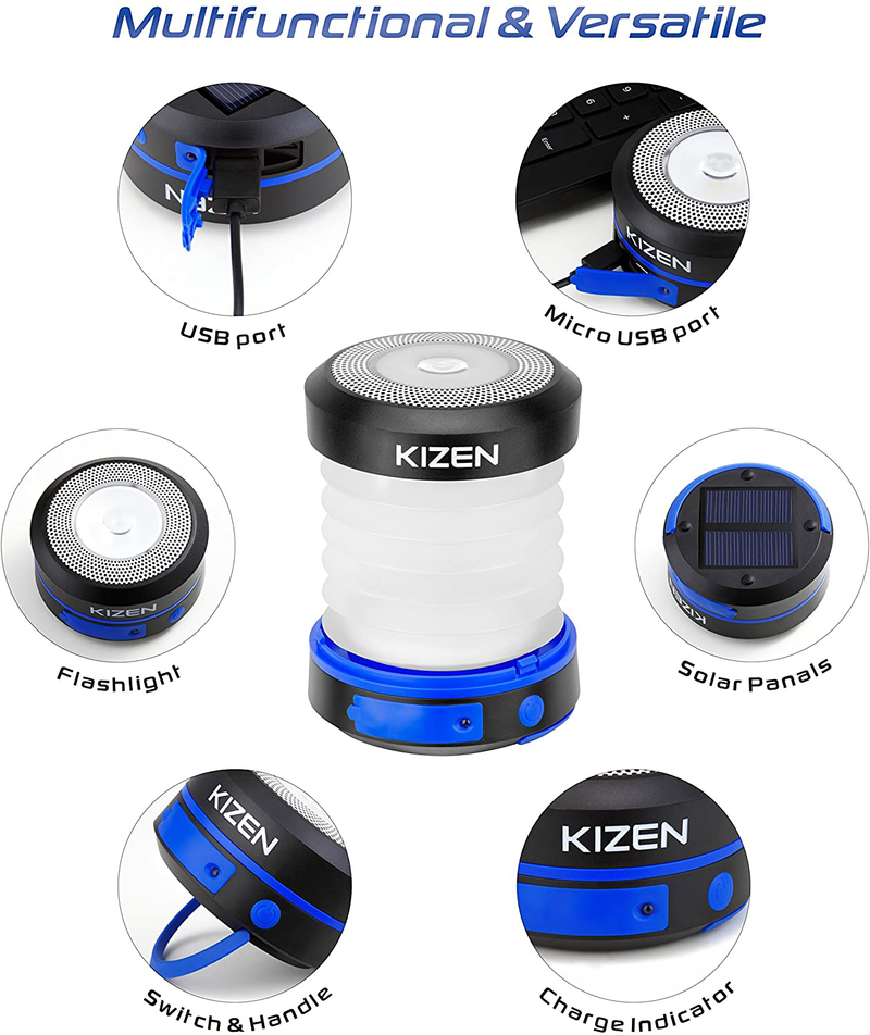 Kizen LED Camping Lanterns - Solar Powered or USB Rechargeable Emergency Lights - Collapsible Camp Lanterns for Power Outages, Night Hiking & Camping, Blue