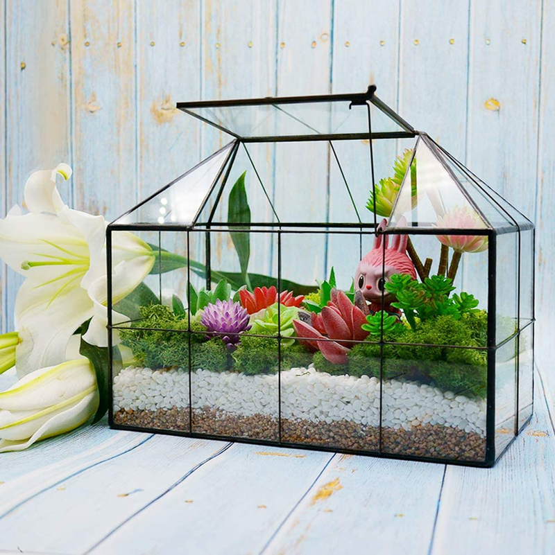 Succulent Geometric Glass Terrarium - Tabletop House Shape Clear Glass Plant Terrariums (Black C)