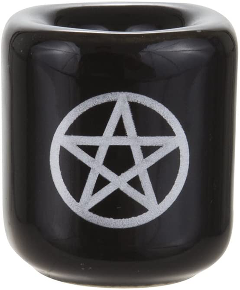Mega Candles - 5 pcs Ceramic Silver Pentacle Chime Ritual Spell Candle Holder - Black