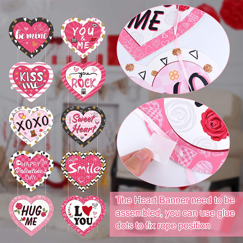 MIAHART Valentine'S Day Heart Banner Pink Conversation Hearts Banner Candy Heart Porch Sign Hanging Heart Garland for Indoor Outdoor Valentines Day Decoration Arts & Entertainment > Party & Celebration > Party Supplies MIAHART   