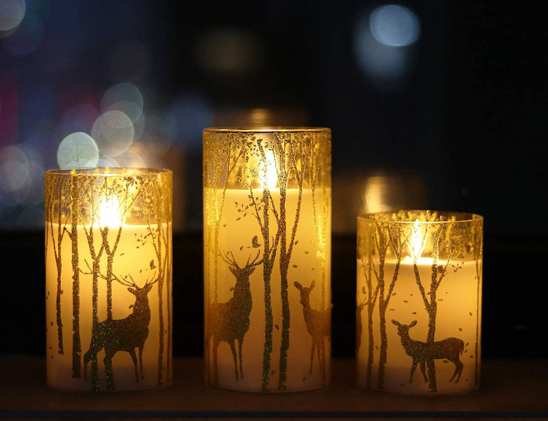 GenSwin Glass Flameless Candles with Elk Decor and Remote Timers, Battery Operated Moving Wick Led Flickering Light, Set of 3 Real Wax Pillar Candles for Christmas Home Decoration Home & Garden > Decor > Seasonal & Holiday Decorations& Garden > Decor > Seasonal & Holiday Decorations GenSwin   