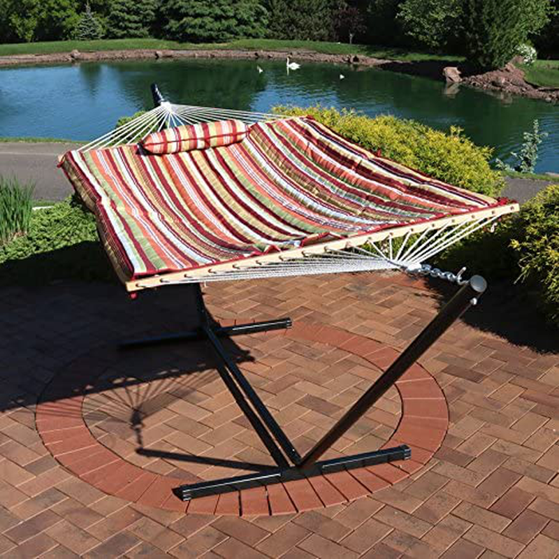 Sunnydaze Cotton Rope Freestanding Hammock with 12 Foot Portable Steel Stand and Spreader Bar, Pad and Pillow Included, Tropical Orange Home & Garden > Lawn & Garden > Outdoor Living > Hammocks Sunnydaze   