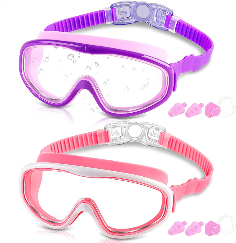COOLOO Kids Goggles for Swimming for Age 3-15, 2 Pack Kids Swim Goggles with nose cover, No Leaking, Anti-Fog, Waterproof Sporting Goods > Outdoor Recreation > Boating & Water Sports > Swimming > Swim Goggles & Masks COOLOO A. Purple+pink  
