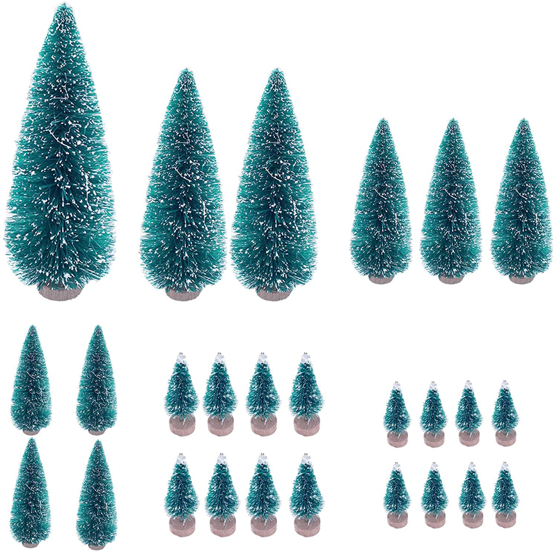 DSHE 26 PCS Mini Christmas Trees Artificial Pine Sisal Trees with Snow Frost, 6 Size Ornaments with Wooden Bases for Christmas Table Top Decor Winter Crafts Home Party Decoration Home & Garden > Decor > Seasonal & Holiday Decorations > Christmas Tree Stands DSHE   