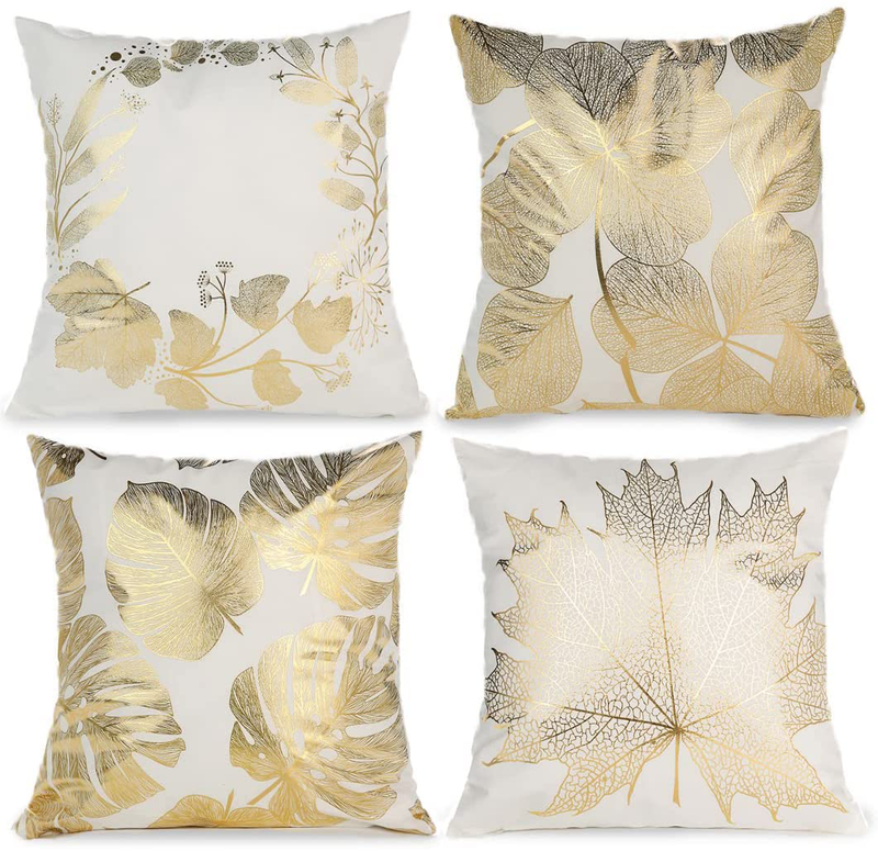 JUFANGFIN Gold Foil Geometric Throw Pillow Covers 18X18 Inch,Set of 4 Farmhouse Geometric Leaves Dercoration,Square Couch Sofa Cushion Covers for Living Bed Room,Outdoor Patio Home Decor(Gold Foil-1) Home & Garden > Decor > Chair & Sofa Cushions JUFANGFIN Gold Foil-11  