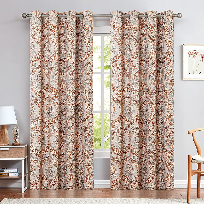 Linen Textured Curtains for Bedroom Damask Printed Drapes Vintage Linen Look Medallion Curtain Panels Red Window Treatments Room Darkening for Living Room Patio Door 2 Panels 84 Inch Terrared Home & Garden > Decor > Window Treatments > Curtains & Drapes jinchan   