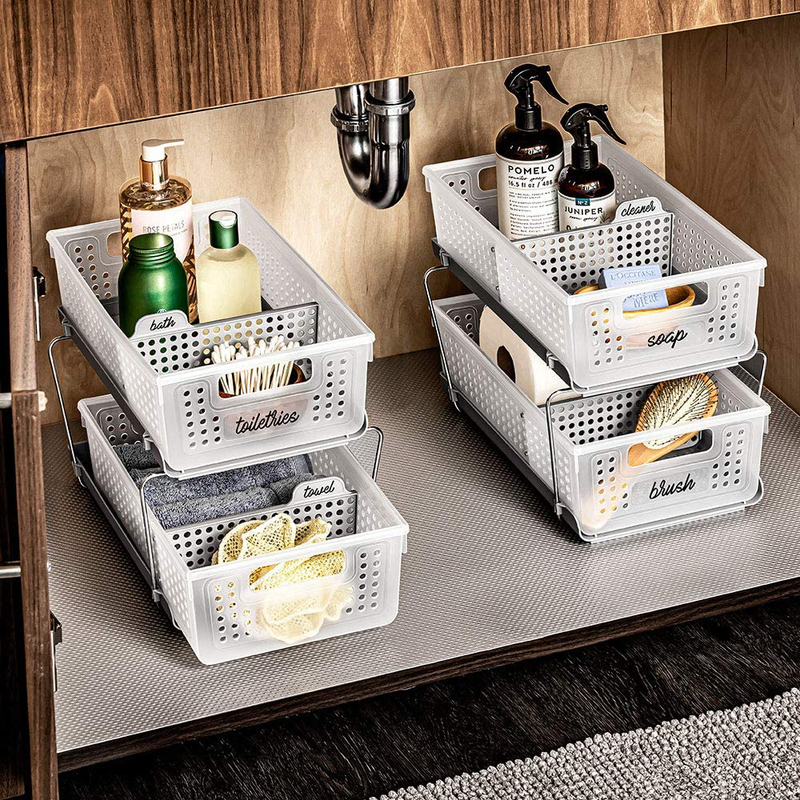 madesmart 2-Tier Organizer Bath Collection Slide-out Baskets with Handles, Space Saving, Multi-purpose Storage & BPA-Fre, Large, Frost-with Dividers