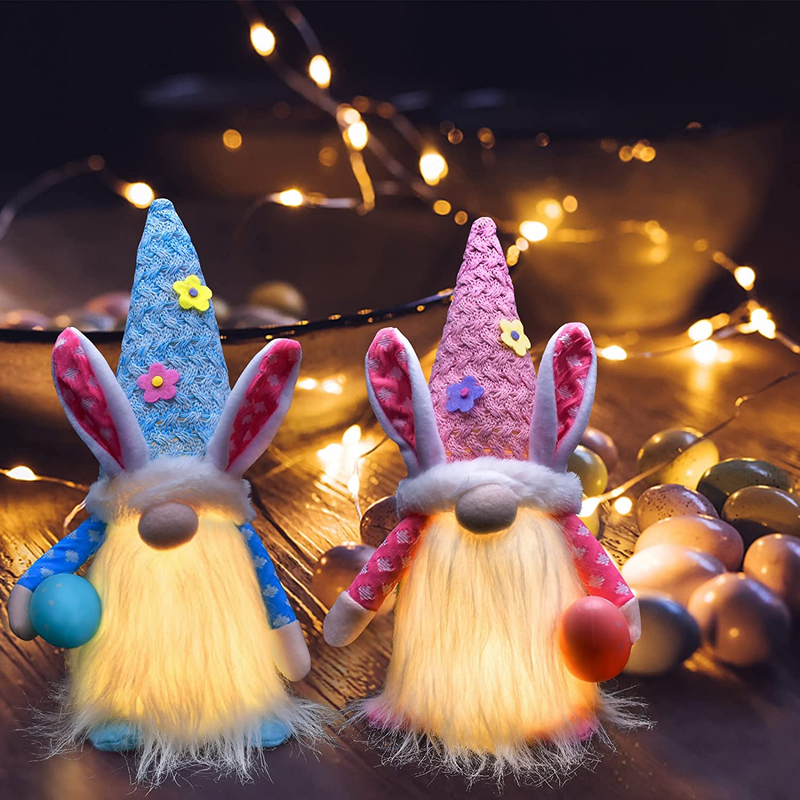 Easter Gnomes Decorations, 2Pcs Bunny Gnomes Plush with LED Light, Spring Easter Day Home Table Decor Ornaments for Easter Holiday Party