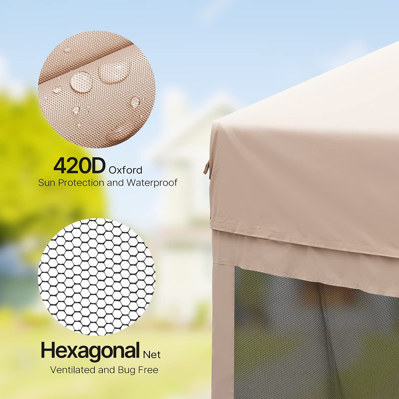 Quictent 13’ X 13’ Hexagonal Gazebo with Solar Powered LED Lights Pop up Canopy Tent with Mosquito Net ,Easy up Screened Canopy Gazebo, Beige