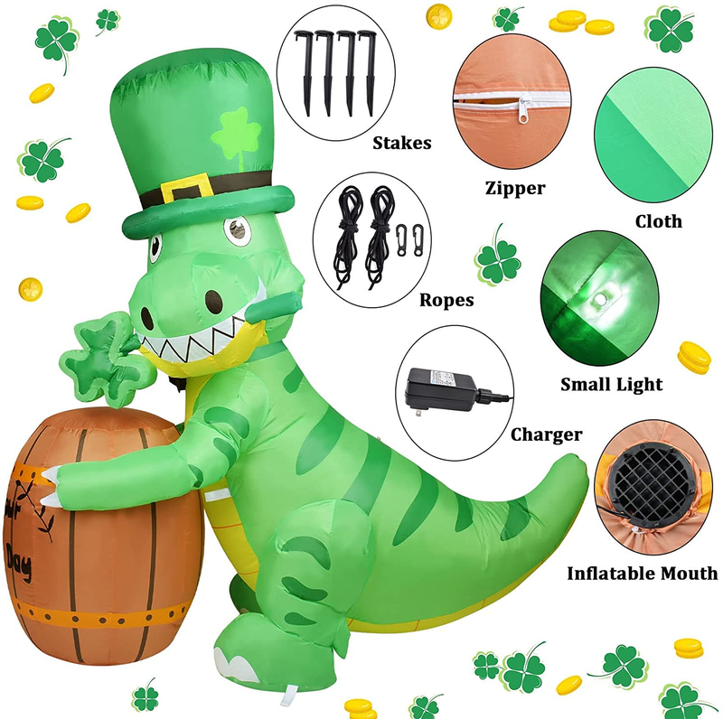 Kyerivs 5.25 Ft St Patricks Day Inflatables Outdoor Decorations Sanit Patricks Blow up Yard Decoration Cute Dinosaur Holding a Drum with Led Lights Dinosaur Inflatable Gift for Kids Lawn Party Decor