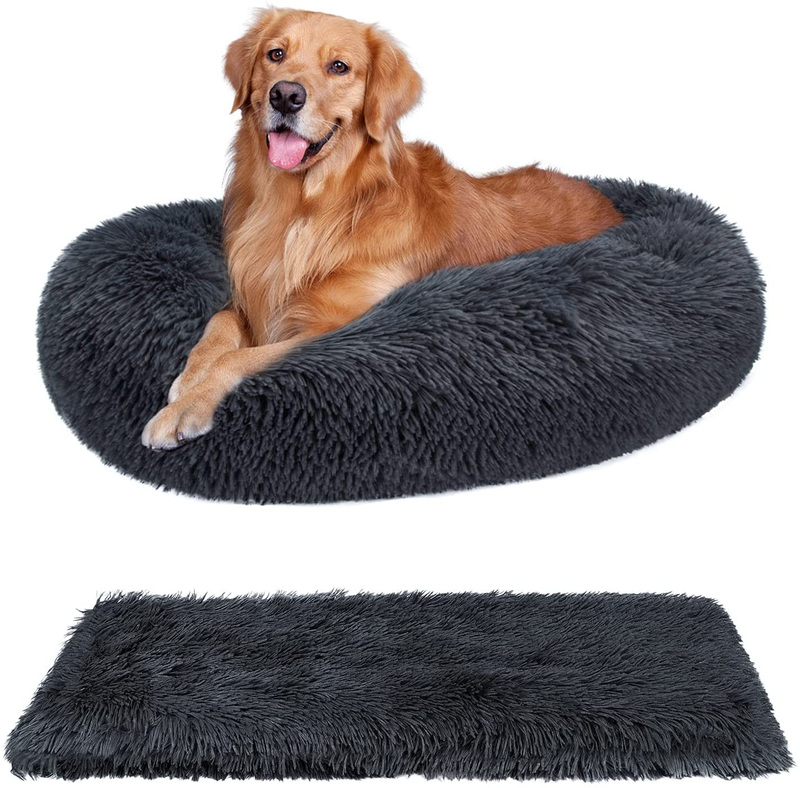 JATEN Calming Dog Beds Donut Cuddler with Blanket, Pet Beds for Small Medium Large Dogs and Cats, Indoor Faux Fur Dog Beds Animals & Pet Supplies > Pet Supplies > Dog Supplies > Dog Beds JATEN Dark Grey 36"x30" 