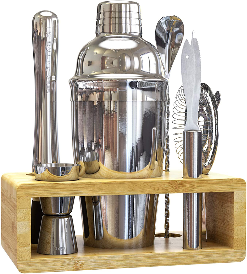 Highball & Chaser Elite Bartender Kit with Stylish Bamboo Stand - Stainless Steel Cocktail Shaker Set with Rustproof Bar Tools. Perfect Bar Set for Home Bars, Parties and Drink Making (Silver) Home & Garden > Kitchen & Dining > Barware Highball & Chaser Natural  