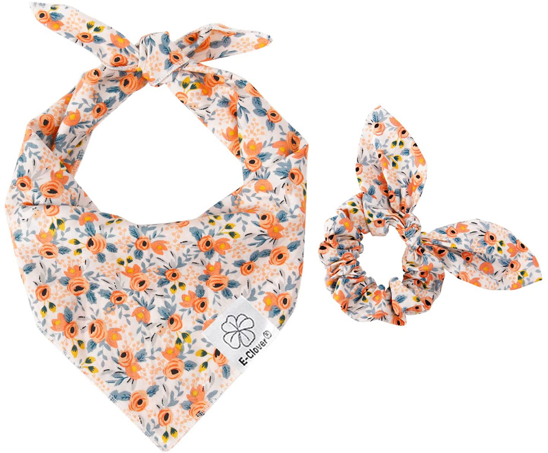Dog Bandanas & Matching Scrunchie Set Flower Dog Scarf Bibs with Bow Scrunchie for Pet Owner & Small Medium Large Dogs Animals & Pet Supplies > Pet Supplies > Dog Supplies > Dog Apparel E-Clover orange flower Large 