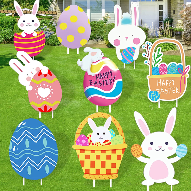 Easter Yard Sign, Easter Outdoor Decorations, 8 PCS Happy Easter Yard Signs with Stakes - Fadeless, Waterproof, Sturdy - Cute Egg Bunny Pattern Easter Decorations Outdoor