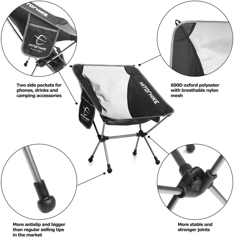 Hitorhike Camping Chair Breathable Mesh Construction 2 Side Pockets Aluminum Frame Camp Chair with Carry Bag Compact and Lightweight Folding Chair for Backpacking and Camping 2PACK Sporting Goods > Outdoor Recreation > Camping & Hiking > Camp Furniture HITORHIKE   