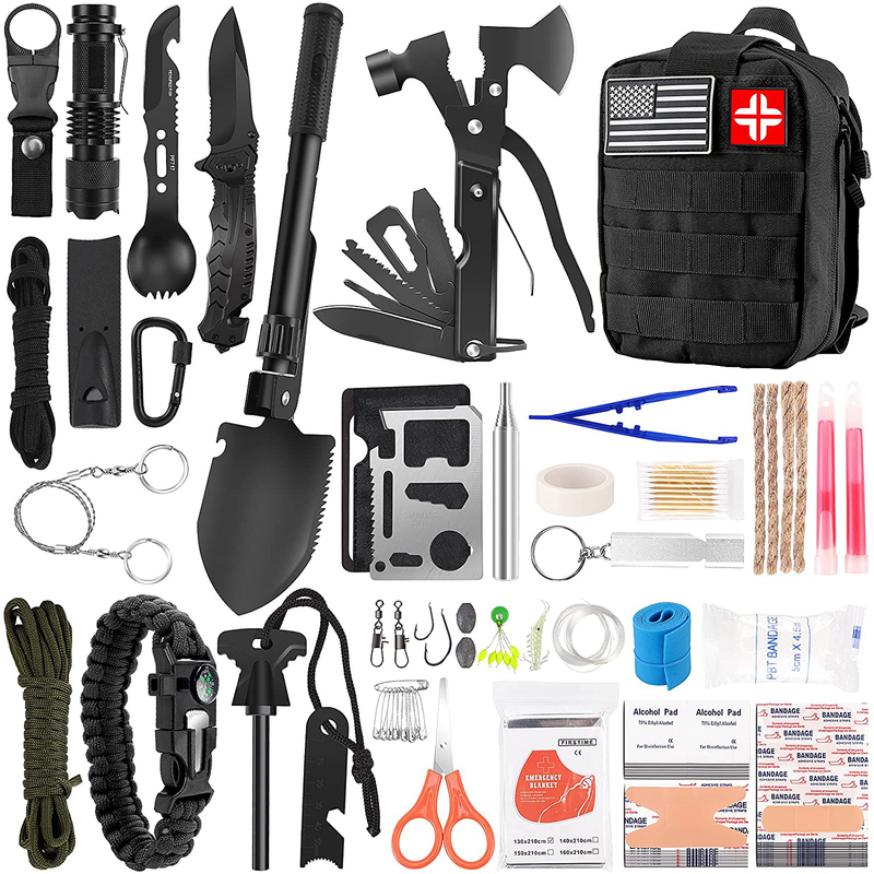 Emergency Survival Kit and First Aid Kit, 142Pcs Professional Survival Gear and Equipment with Molle Pouch, for Men Camping Outdoor Adventure Sporting Goods > Outdoor Recreation > Camping & Hiking > Camping Tools LUXMOM Black  