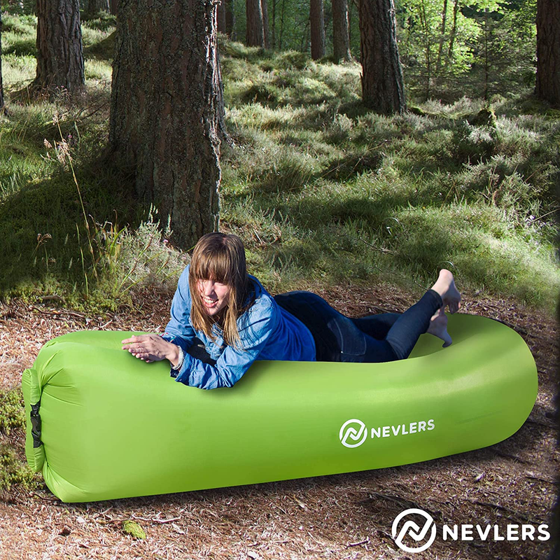 Nevlers 2 Pack Inflatable Loungers with Side Pockets and Matching Travel Bag - Blue & Green - Waterproof and Portable - Great and Easy to Take to the Beach, Park, Pool, and as Camping Accessories