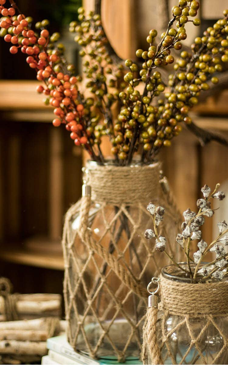 Funsoba Rustic Hanging Mason Nautical Jar Rope Net Dry Flower Glass Vase with Handle Pack of 2 (2 Vase 8") Home & Garden > Decor > Vases FUNSOBA   