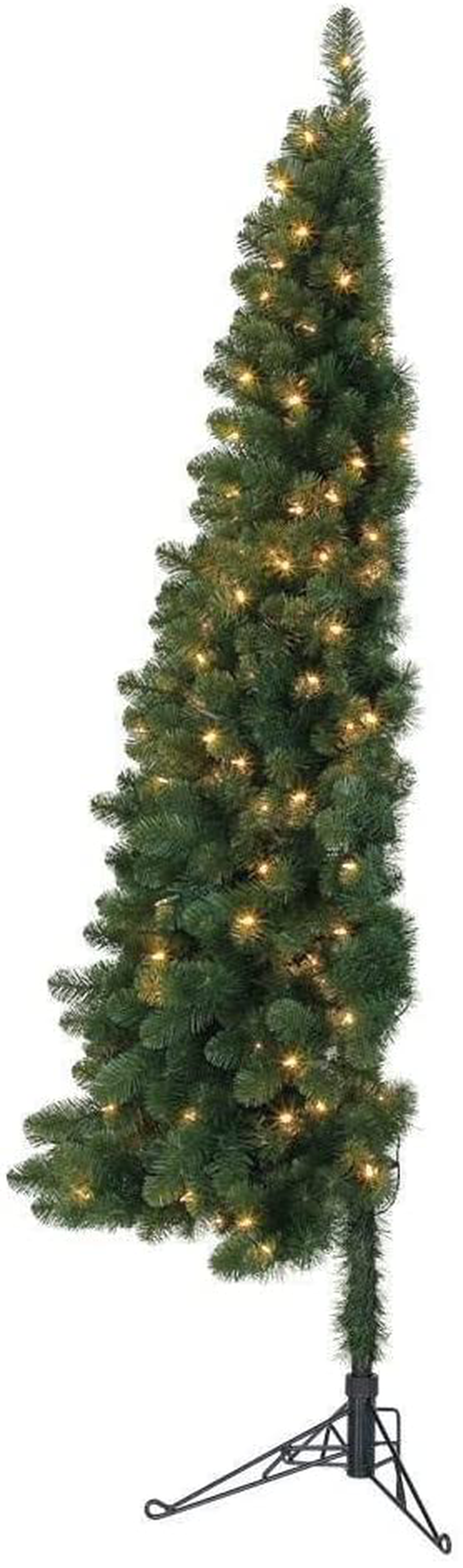 Home Heritage 7 Foot Pre-Lit Artificial Half Pine Christmas Tree with Warm White LED Lights and Folding Stand