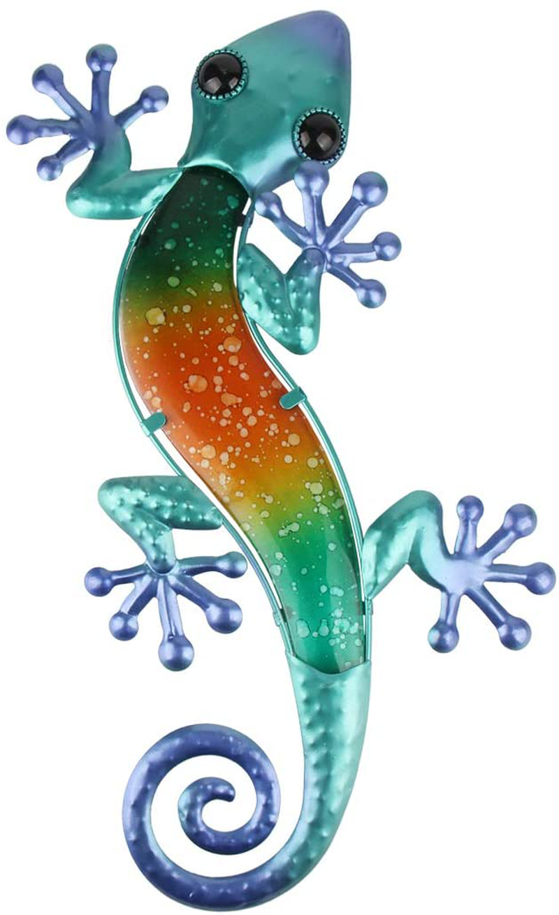 HONGLAND Metal Gecko Wall Decor Outdoor Lizard Art Sculpture Indoor Glass Decorations for Home Green,15 Inches