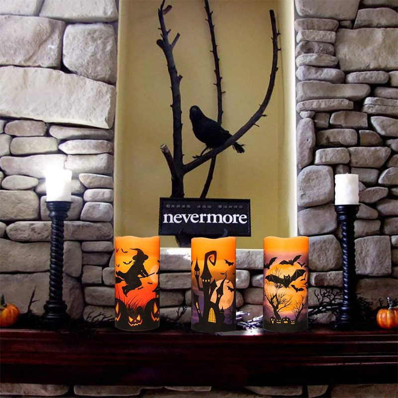 DRomance Flameless Flickering Candles Battery Operated with 6 Hour Timer, Set of 3 Real Wax LED Pillar Candles Warm Light with Castle, Witch, Bats Decal Halloween Decor Candles for Kids(D3" x H6") Arts & Entertainment > Party & Celebration > Party Supplies DRomance   