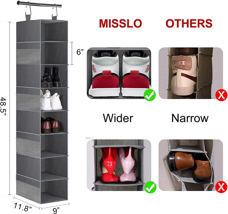 MISSLO 8-Shelf Hanging Shoe Organizer Clothes Closet Organizers and Storage Shelves Hat Holder with Large Shelf and Side Mesh Pockets for Hats Handbags Kid Sweater, Grey Furniture > Cabinets & Storage > Armoires & Wardrobes MISSLO   