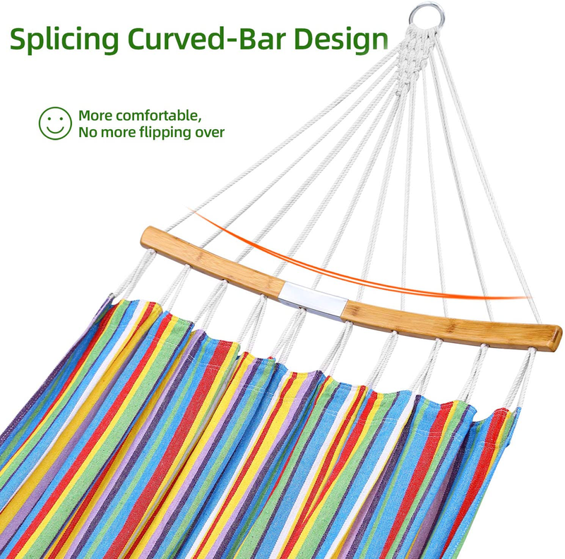 Double Hammock Swing with Tree Straps, Ohuhu Folding Curved-Bar Design Bamboo Hammock with Carrying Bag, Colorful 2 Person Portable Hammock for Patio, Backyard, Camping, Indoor Outdoor Use, Ideal Gift Home & Garden > Lawn & Garden > Outdoor Living > Hammocks Ohuhu   