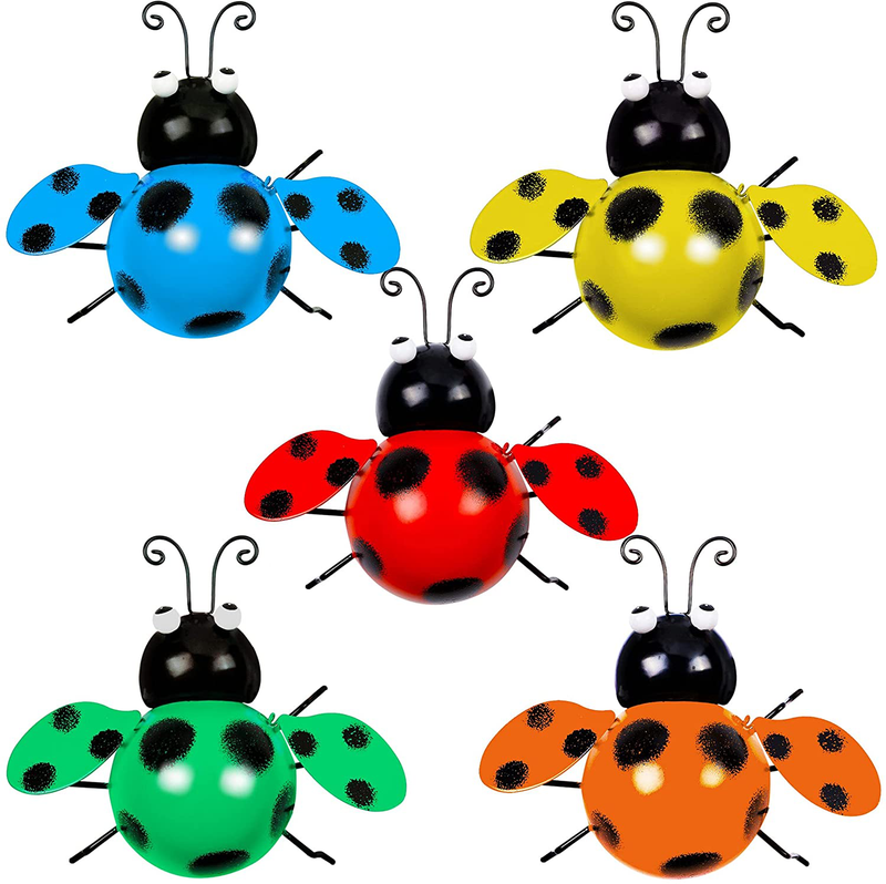 Juegoal 5 Pack Metal Wall Art Ladybugs 3D Sculpture, Colorful Ladybug Inspirational Wall Decor, Hanging Indoor & Outdoor for Garden, Home, Living Room, Patio, Office, Fences, Porches Decoration