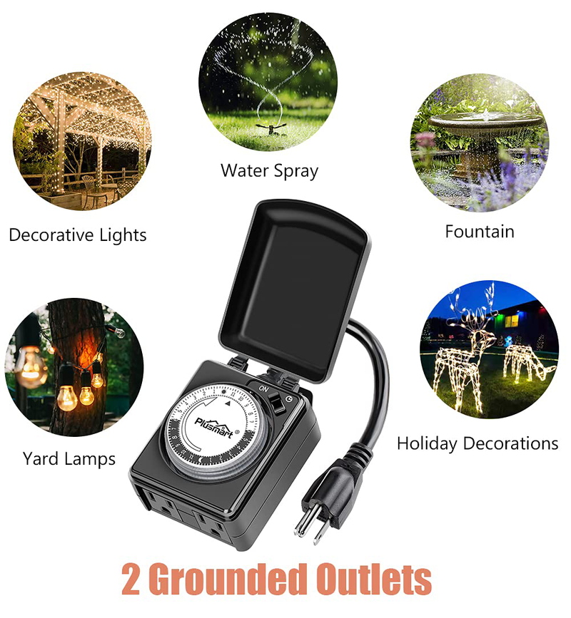 Plusmart 24 Hour Outdoor Lights Timer Waterproof, Programmable Mechanical Timer with 2 Grounded Outlet, Plug in Switch with 6 Inch Extension Cord,1/2HP, ETL Listed Home & Garden > Lighting Accessories > Lighting Timers Plusmart   