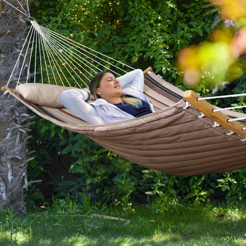 Large 2 Person 11FT Double Hammock Quilted Fabric Swing with Foldable Curved Bamboo Bar & Detachable Pillow & Carrying Bag - 75" x 55" Heavy Duty 450lbs Capacity for Indoor and Outdoor - Havana Brown Home & Garden > Lawn & Garden > Outdoor Living > Hammocks Bathonly   