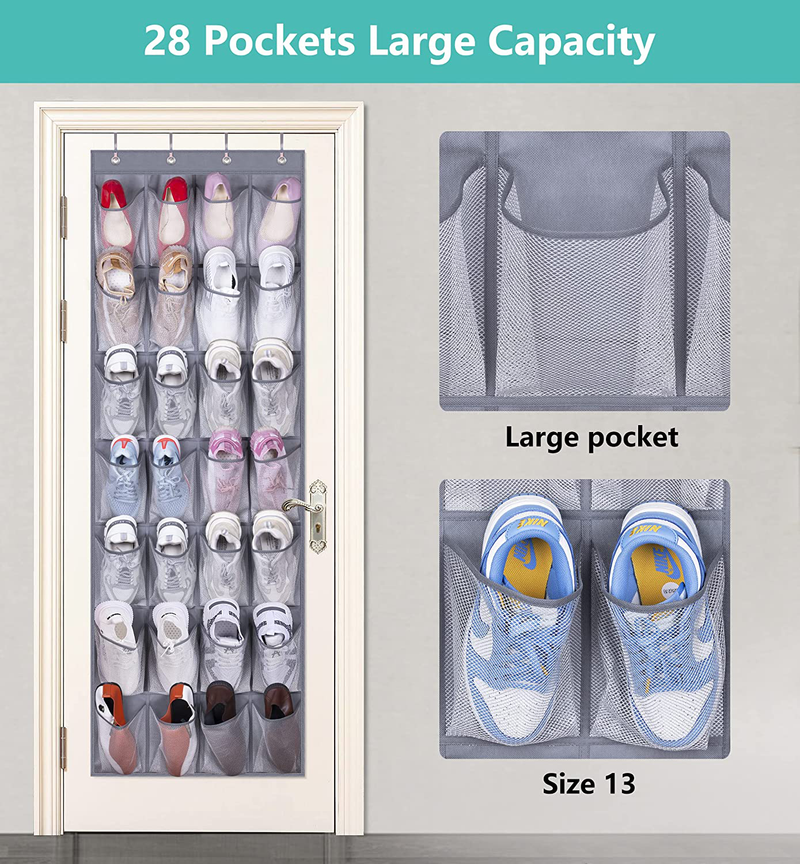 MISSLO 28 Large Pockets Hanging Shoe Rack Door Shoe Organizer Hanging Shoe Storage Hanger for Closet Mesh Holder, Grey