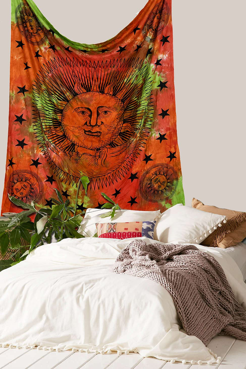 Marubhumi Psychedelic Sun Moon Stars Tie Dye Mandala Tapestry Hippie Hippy Celestial Wall Hanging Indian Trippy Bohemian Tapestries (Multi, 55 X 85 Inch (140 x 215 Cms) Home & Garden > Decor > Artwork > Decorative Tapestries Marubhumi Green Orange 54 X 60 Inch 