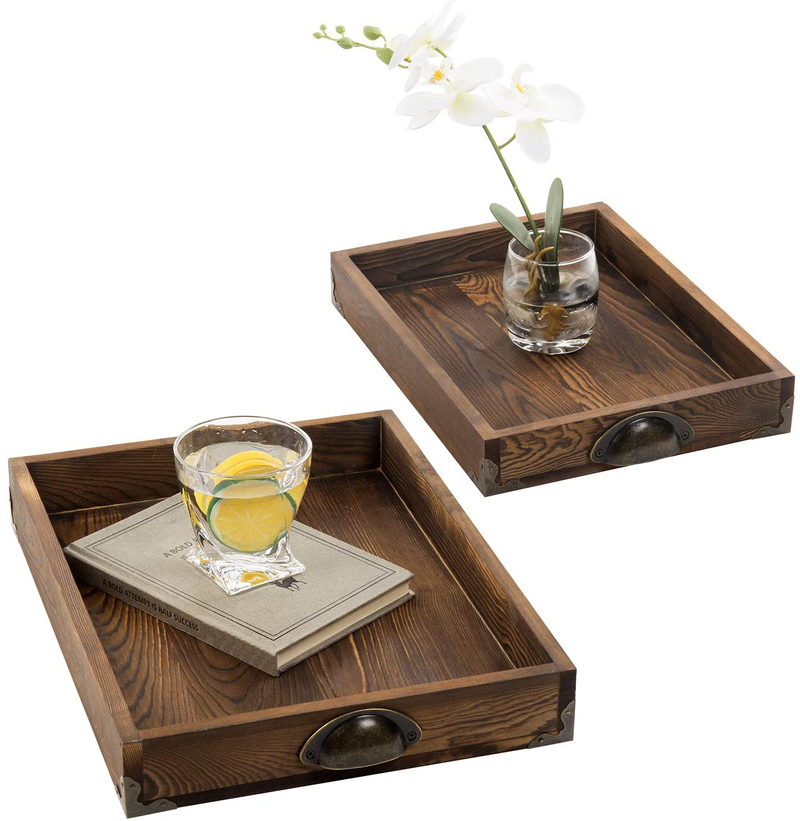 MyGift Vintage Gray Wood Trays with Antique Metal Corners and Handles for Living Room, Kitchen, Breakfast in Bed, and Coffee Table Use, Set of 2