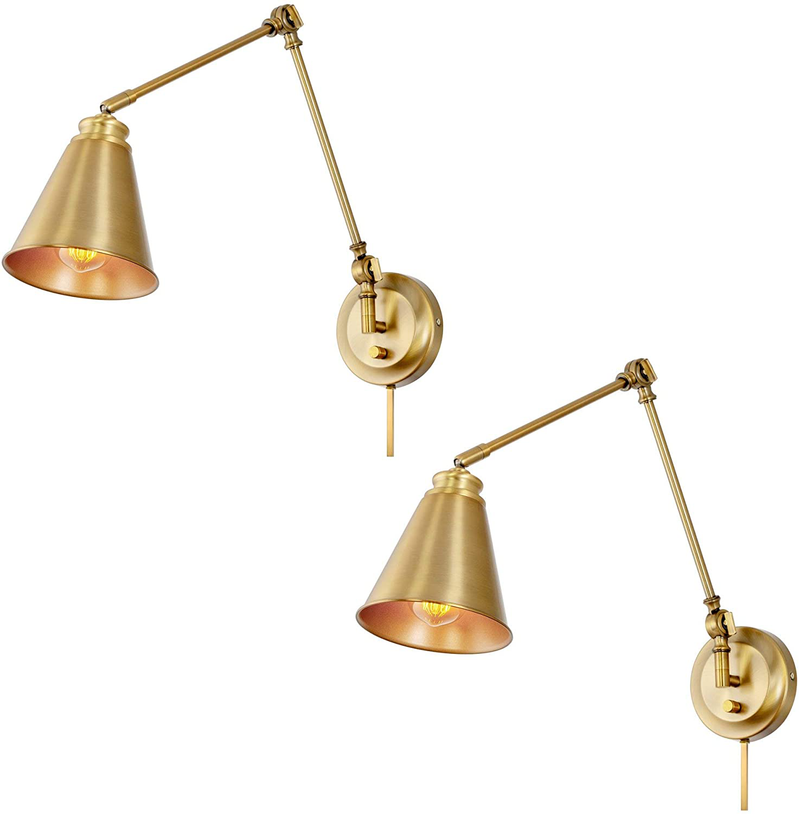 Kira Home Ellis 18" Vintage Industrial Swing Arm Wall Lamp - Plug In/Wall Mount + Cord Covers, Warm Brass Finish, 2-Pack