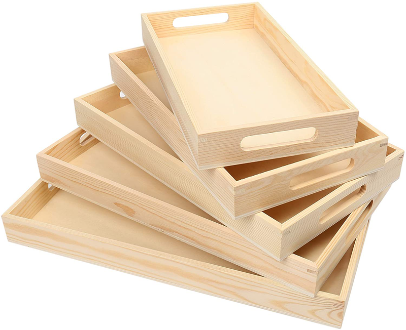LotFancy 5PC Wooden Nesting Serving Trays, Unfinished Natural Wood Trays with Handles, for Craft and Decor, Food Organizer for Breakfast, Lunch, Dinner Home & Garden > Decor > Decorative Trays LotFancy Default Title  