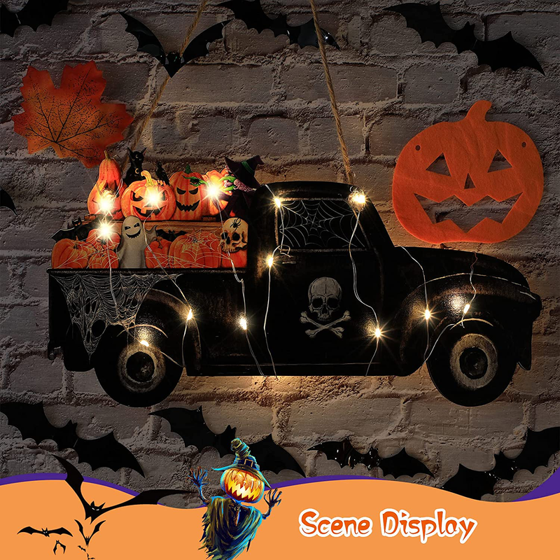 Pinkunn Halloween Pumpkin Hanging Sign Wood Ghost Truck Hanging Sign Halloween Front Door Hanger Wooden Door Wall Sign with Lamp String Light and Rope, 13.4 x 7.7 Inch for Halloween DIY Craft Decor Arts & Entertainment > Party & Celebration > Party Supplies Pinkunn   